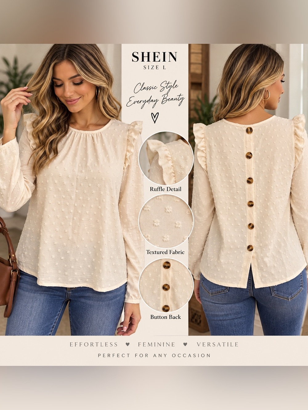 SHEIN Ivory Swiss Dot Blouse Ruffle Cottagecore Feminine Boho Top Size L